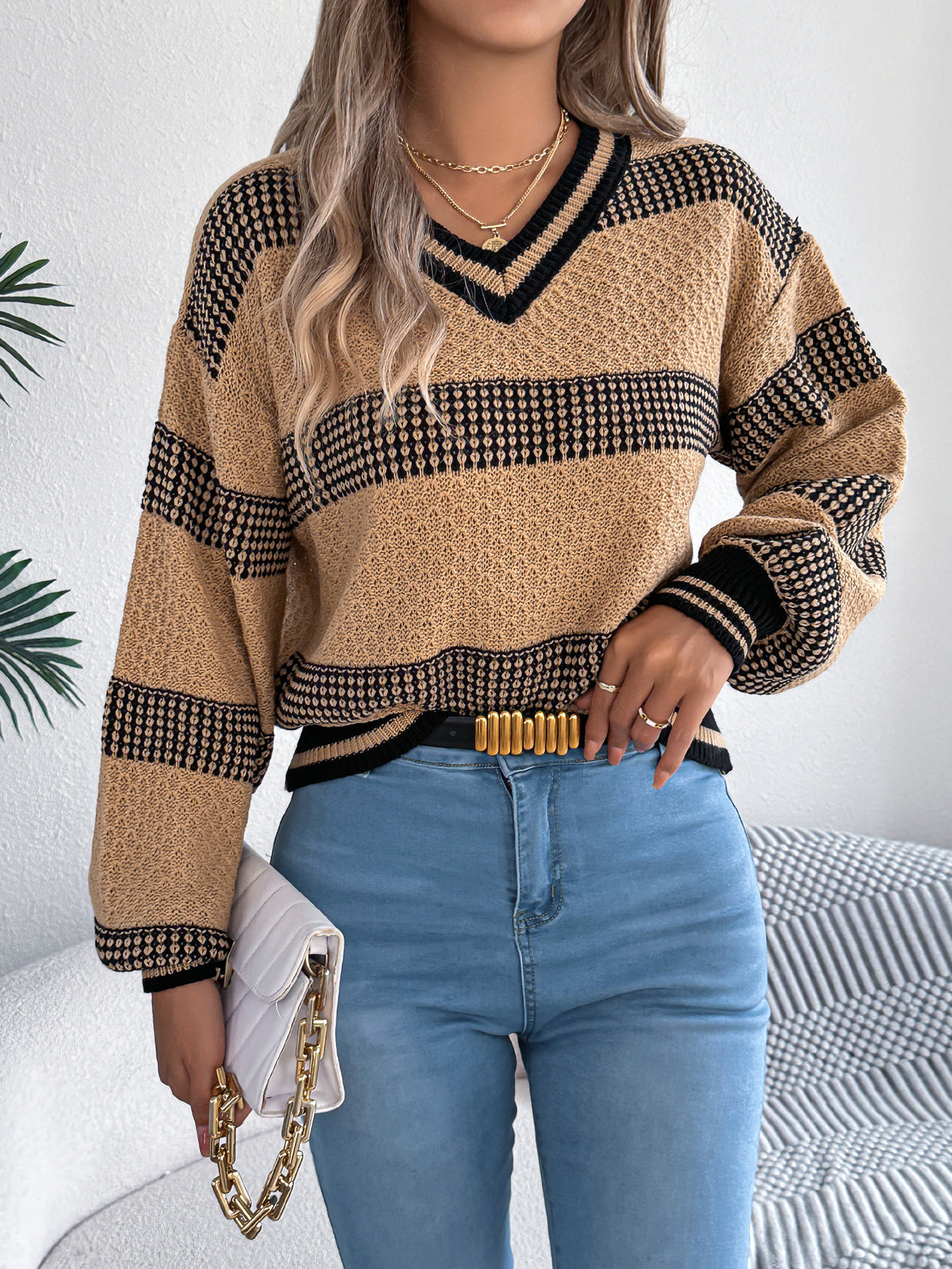 Women V-neck Color Block Stripe Lantern Sleeve Pullover Sweater