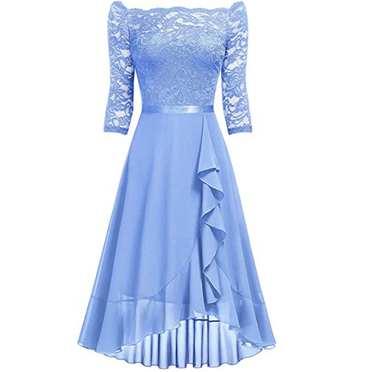 One-Shoulder Lace Chiffon Midi Dress