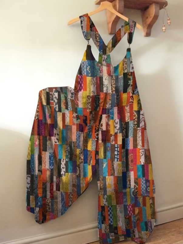 Bohemian Style Colorful Patchwork Overalls Wide-leg Jumpsuit For Women