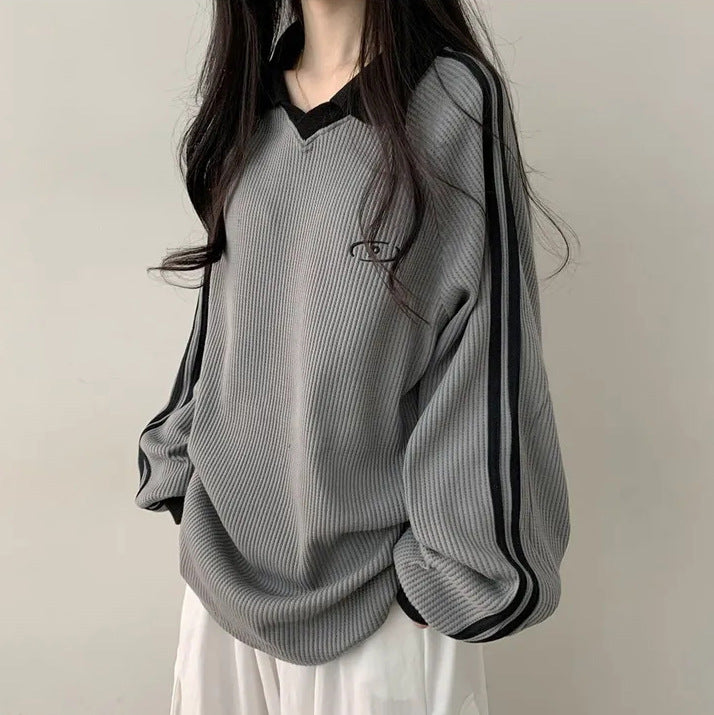 Vintage Waffle Knit Polo Sweater for Women