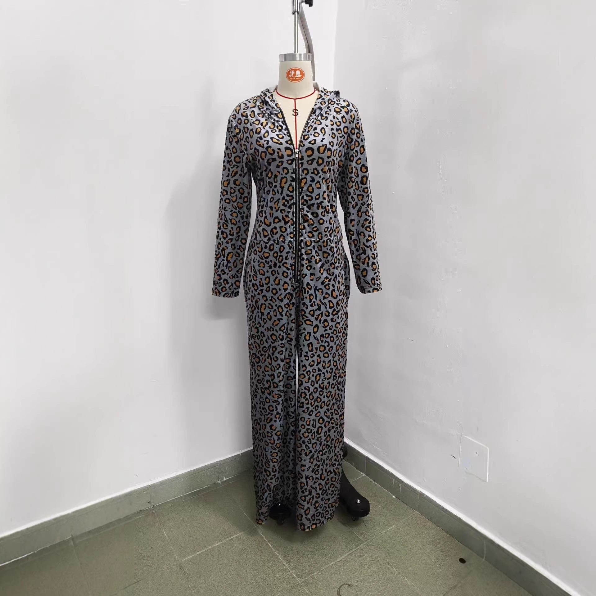 Leopard Print Hooded Velvet Wide-Leg Jumpsuit