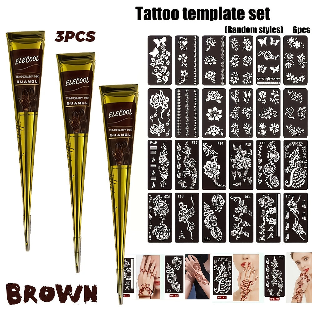 Temporary Semi‑Permanent Tattoo Paste – Brown & Black with Random Template Patterns (Waterproof, Safe & Non‑Irritating)
