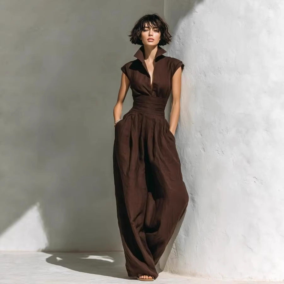Elegant Pleated Waist-Cinching Solid Women's Jumpsuit