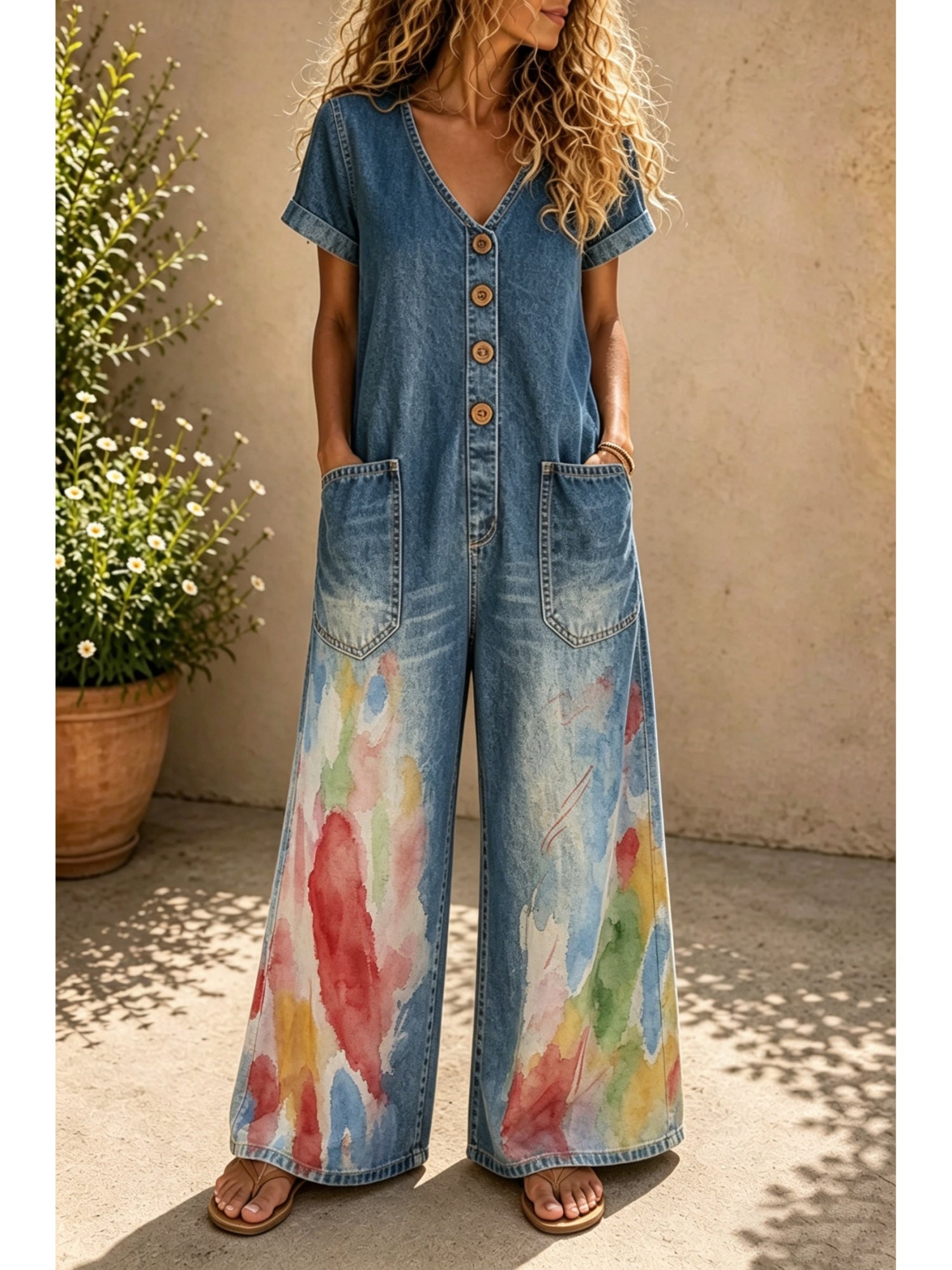 Casual Denim Wide-Leg Short Sleeve Jumpsuit with Pockets