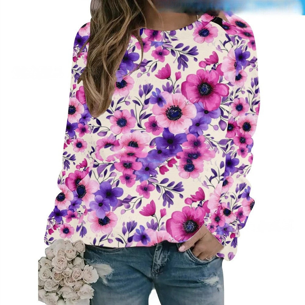Retro Flower Digital Printing Round Neck Sweater