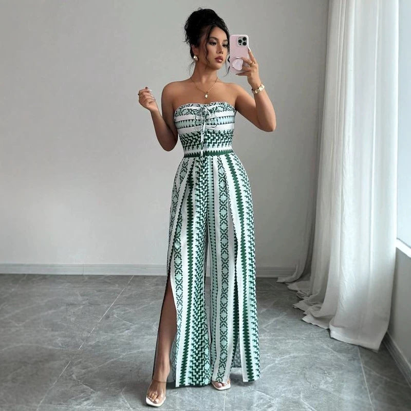 Womens Stylish Belted Slit-print Jumpsuit With A Cinched Waist