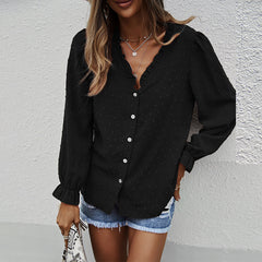 Women's Fashion Solid Color And V-neck Loose Jacquard Long Sleeve Casual Shirt Top