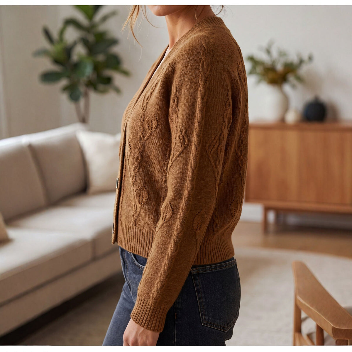 New European and American-style Coffee-colored Cable-knit Cardigan