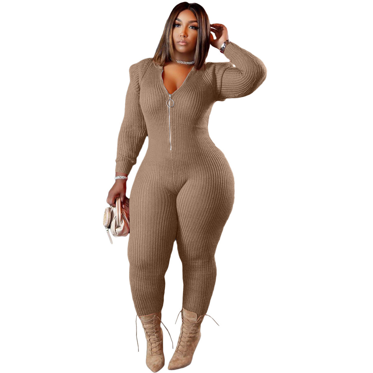 Women's Fall Winter Fashion Knitted Wool Padded Shoulder Hooded Jumpsuit