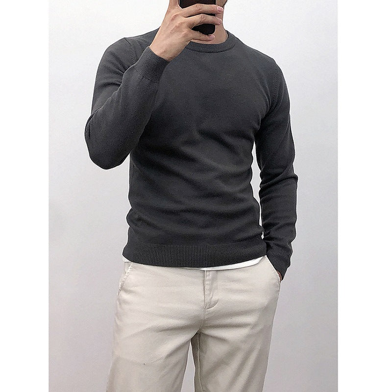 Solid-color Crew-neck Base Knit Sweater Mens Pullover