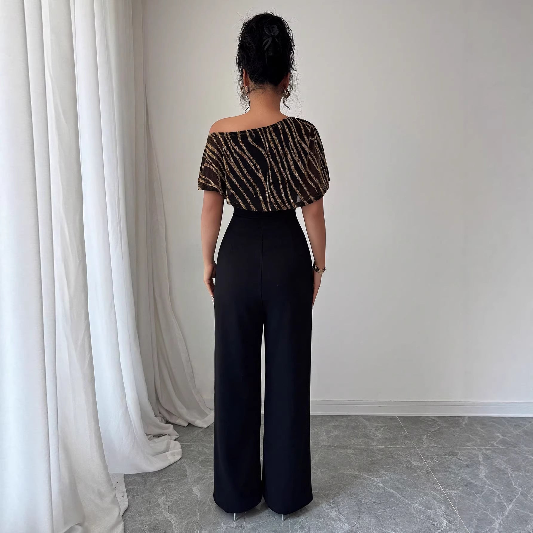 Elegant Geometric Print Slant Neck Ruffle Sleeve Jumpsuit