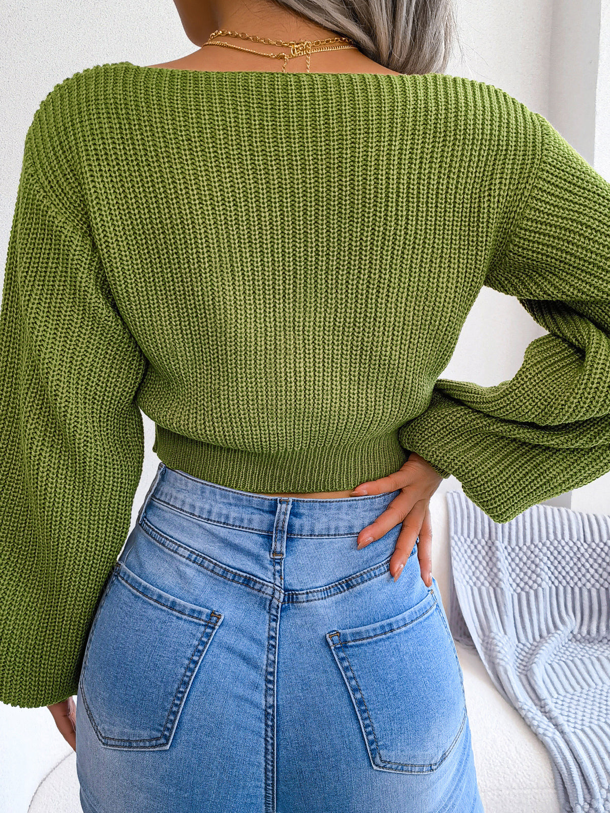 Women Fashion Bow V-neck Lantern Sleeve Cropped Sweater