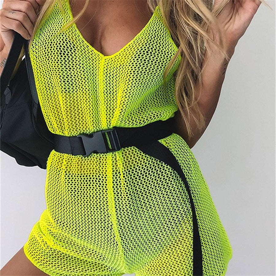 Neon Green Mesh Sleeveless Tight Jumpsuit