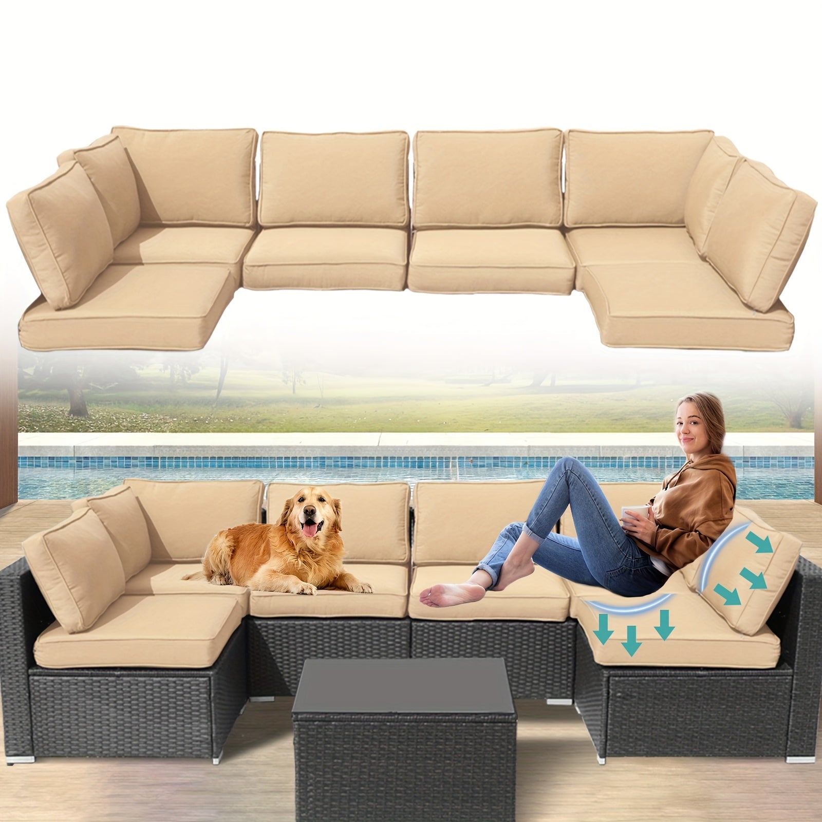 Replacement Cushions for Outdoor Furniture, 14pcs Patio Water-Resistant Replacement Sofa Cushions Splash-Proof And Fade Resistant Couch Cushion Fits 6-Seat Sectional Rattan Conversation Set