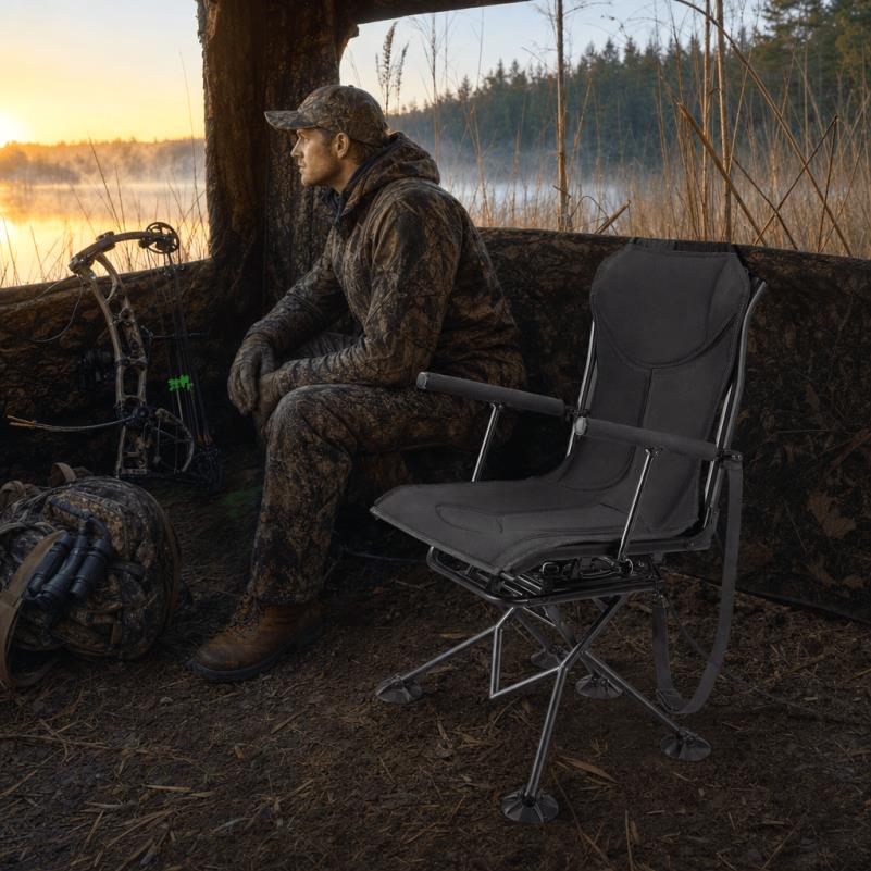 360° Silent Swivel Hunting Chair Foldable Portable Blind Chair with Armrests Adjustable Carry Strap Anti-Sink Feet Heavy Duty Steel Frame 300 Lbs Capacity for Fishing