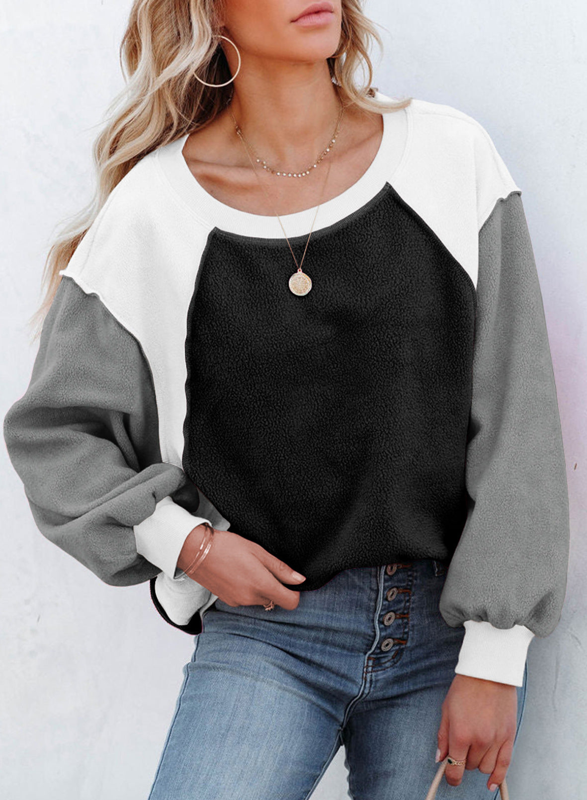 Cozy Colorblock Fleece Lantern Sleeve Pullover Top