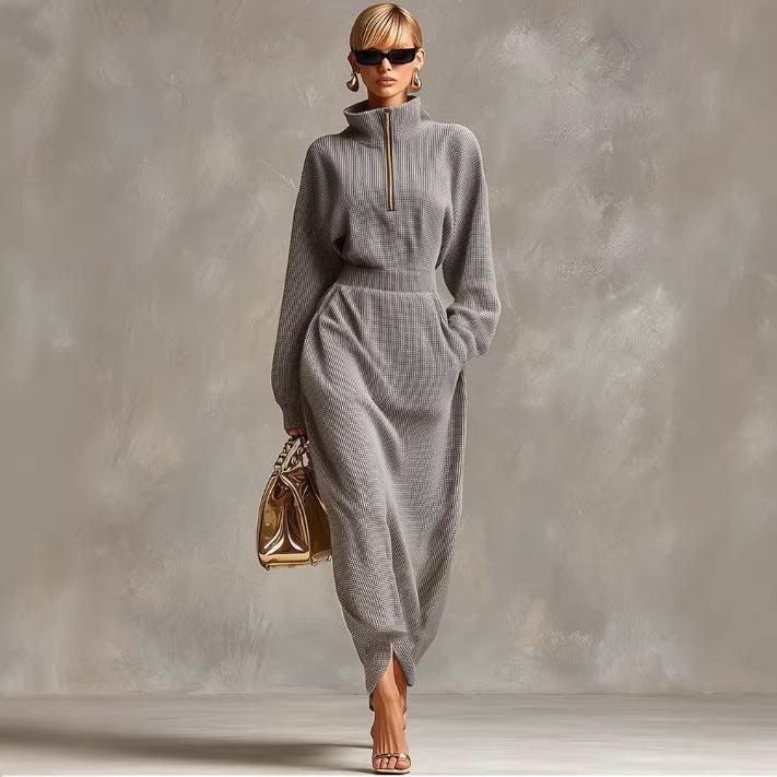 Elegant V-Neck Waffle-Knit Zip Casual Dress