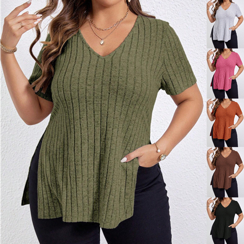 V‑Neck Split Stripe Short‑Sleeve Shirt – Comfortable & Stylish