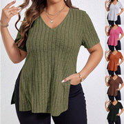 V‑Neck Split Stripe Short‑Sleeve Shirt – Comfortable & Stylish