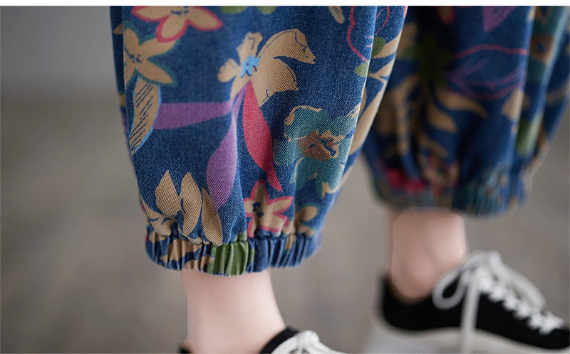 Loose Slimming Slim Fit Printed Cropped Denim Suspender Pants
