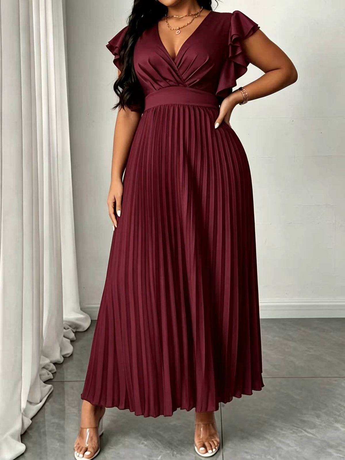 Plus-Size Elegant V-Neck Ruffle Midi Dress for Summer