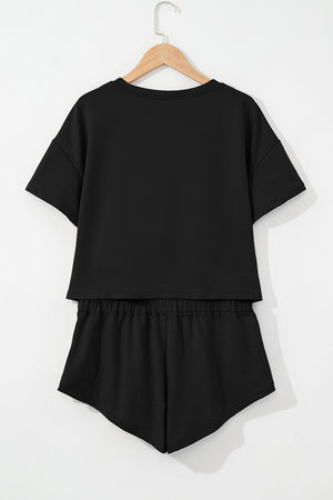 Black 2Pcs Cropped Tee And Ruffle High Waist Skort Set