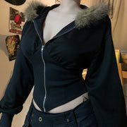Women's Fur Collar Hooded Cardigan Sweater