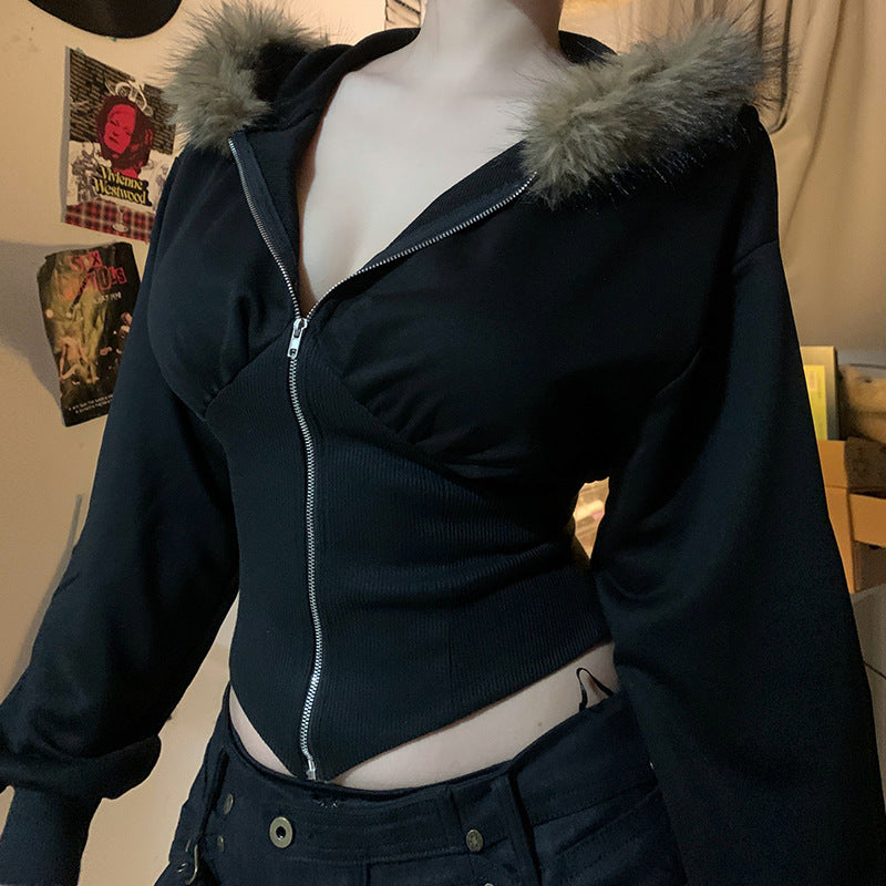 Women's Fur Collar Hooded Cardigan Sweater
