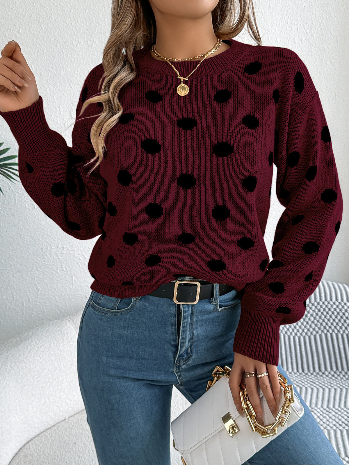 Casual Color Block Polka Dot Long Sleeve Pullover Sweater