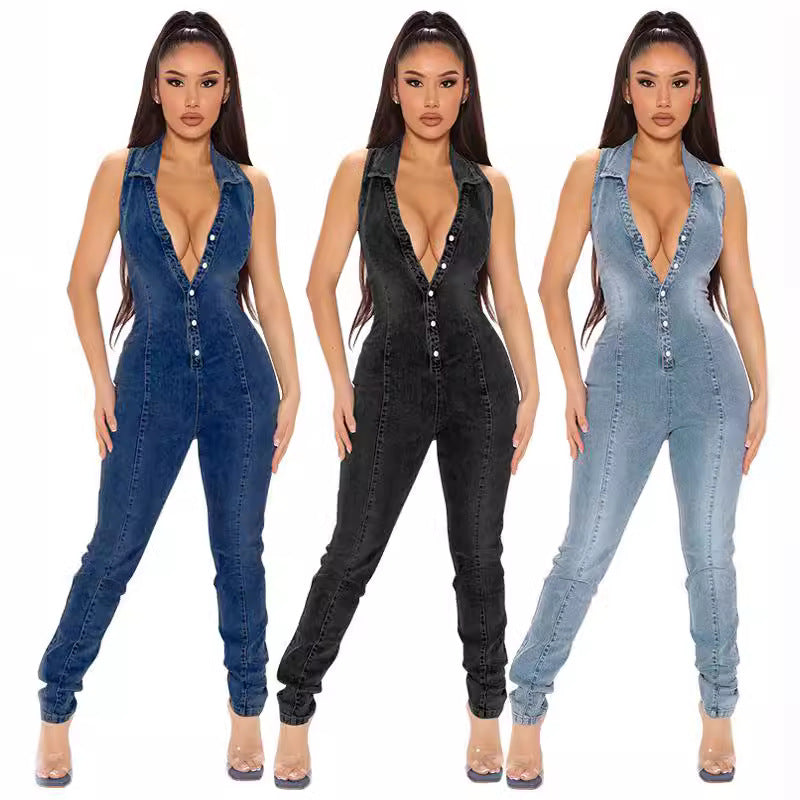 Women's Sleeveless Washed Denim Jumpsuit