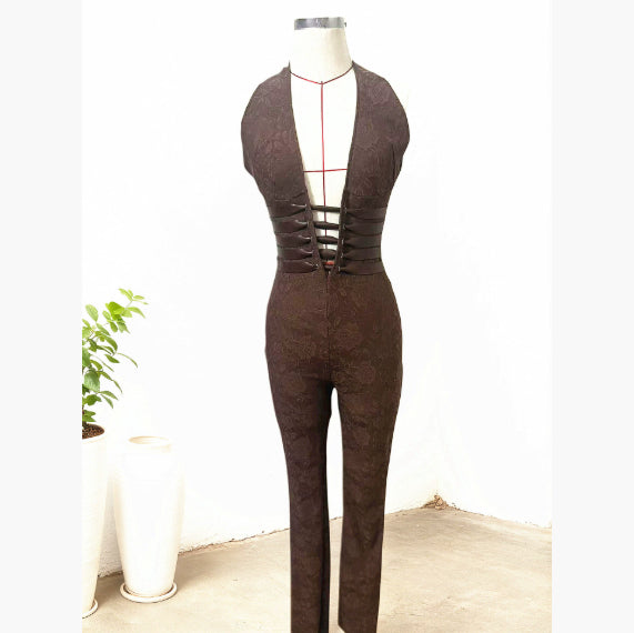Sexy Lace Halter Jumpsuit Deep V Backless Romper