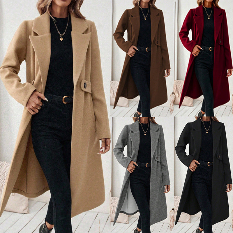 Solid Wool Coat for Women - Lapel & Double-Breasted Style