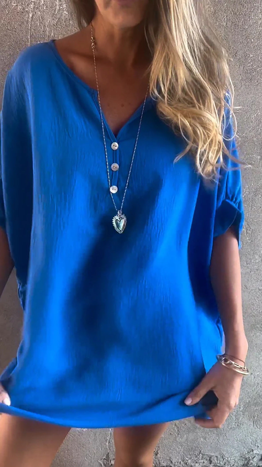 Casual Solid Color Collarless Button-Up Shirt