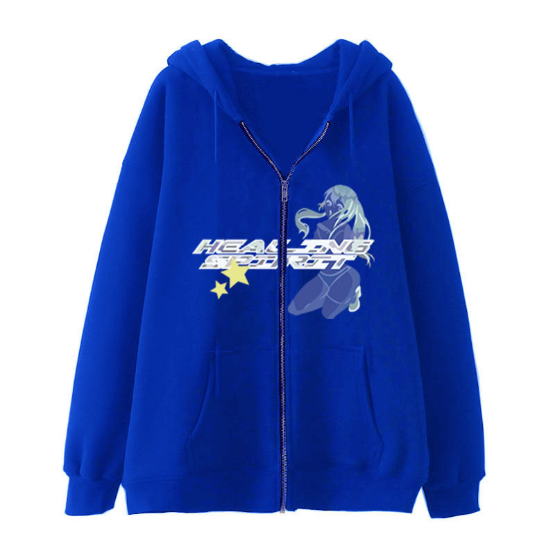 Butterfly Print Zip-Up Casual Hoodie