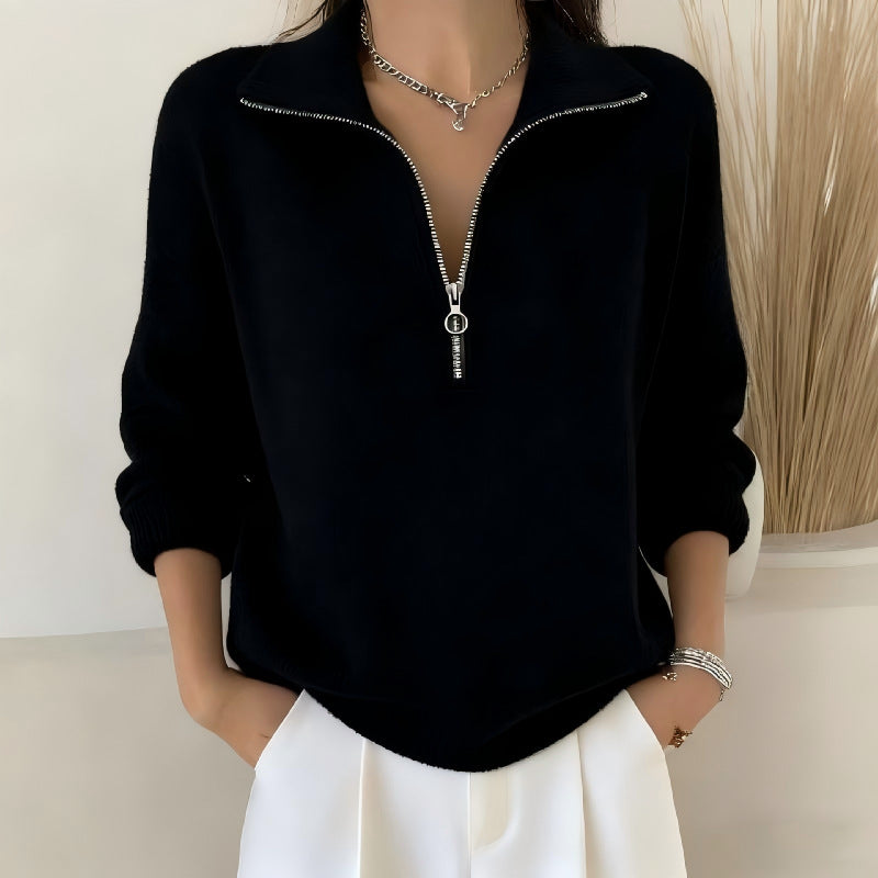 Womens Slimming Casual Fashionable, Versatile Knitted Sweater with a Zippered Lapel