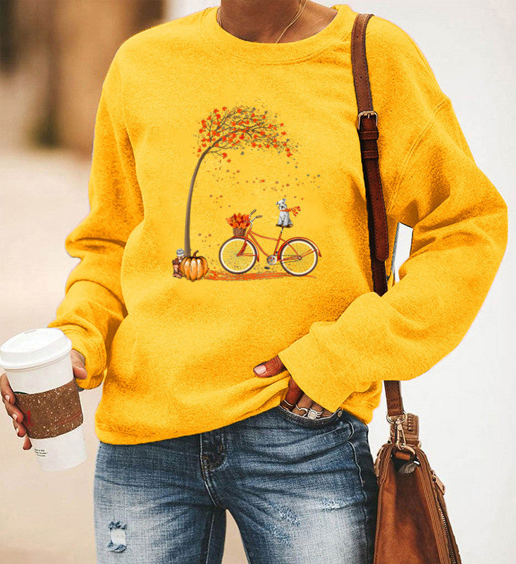 Women's Bicycle Print Fleece Long Sleeve Crew Neck Sweater