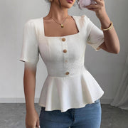 Youthful Chic Puff Sleeve Top – Square Neck, Ruffled Hem, High Waist