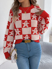Snowflake Plaid Lantern Sleeve Pullover Sweater