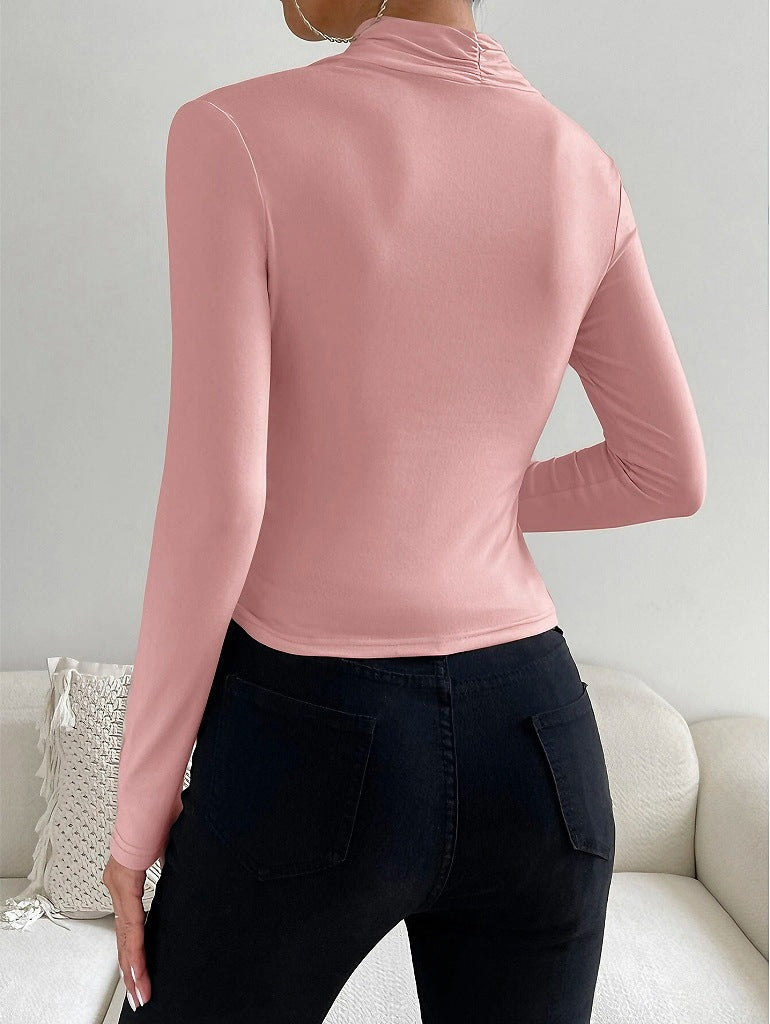 Cross Collar Pleated Slim Long Sleeve Top