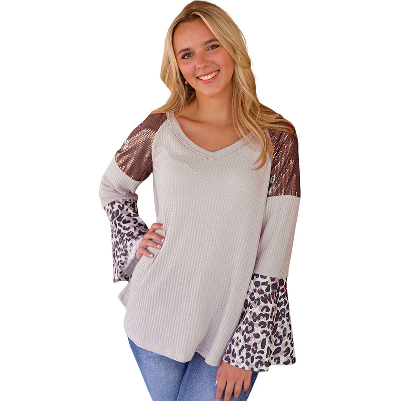 Chic Leopard Print Sequin Pullover Sweater