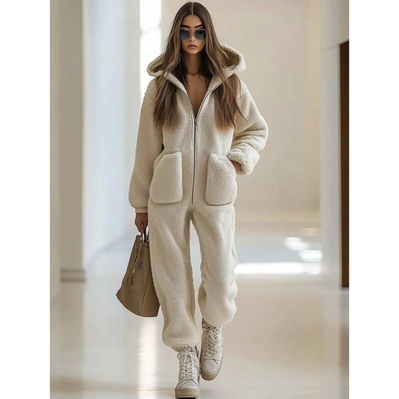 Plush Hooded Loose Straight Jumpsuit with Pockets