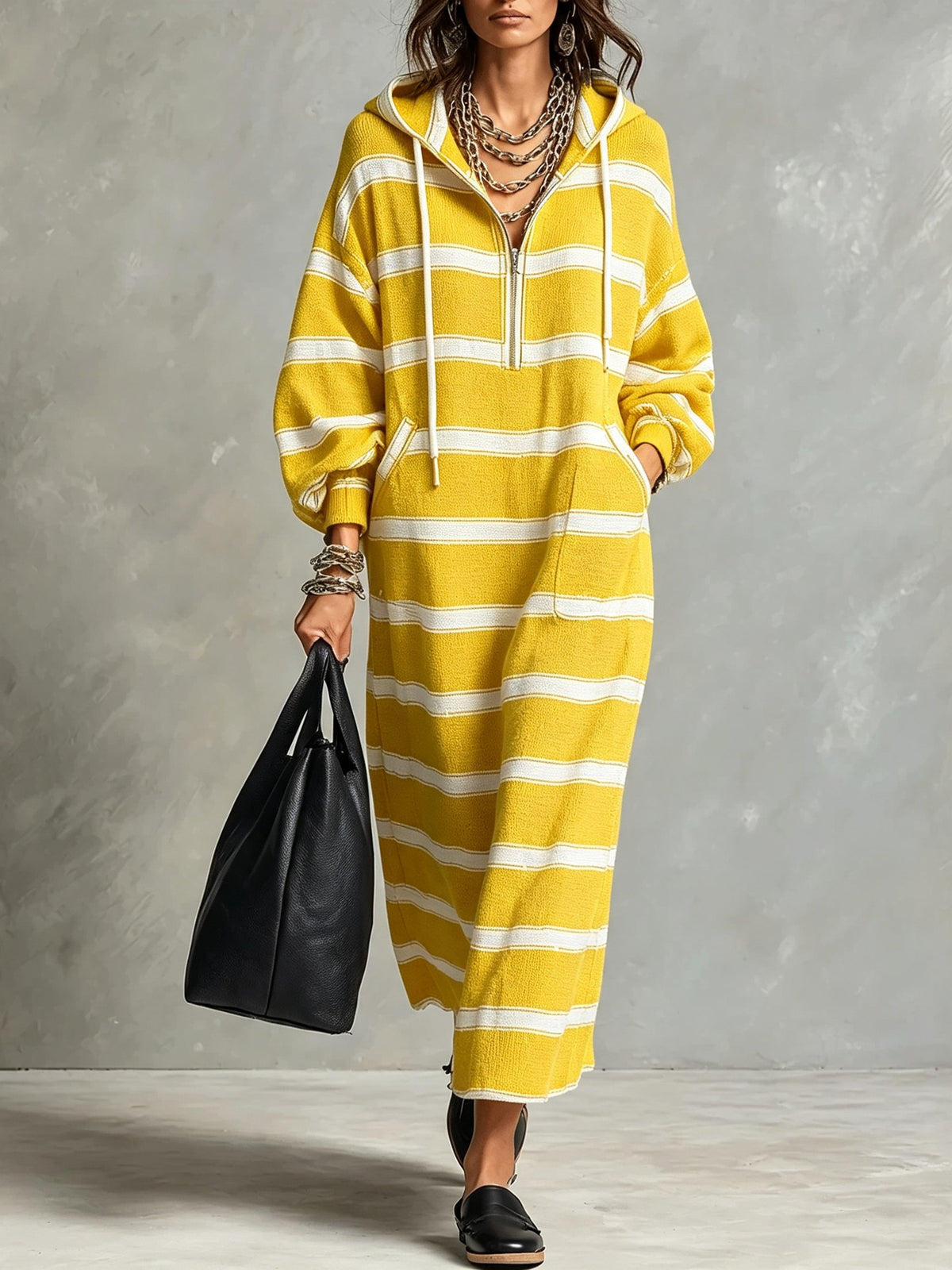 Women's Half-Zip Loose Printed Hoodie Dress
