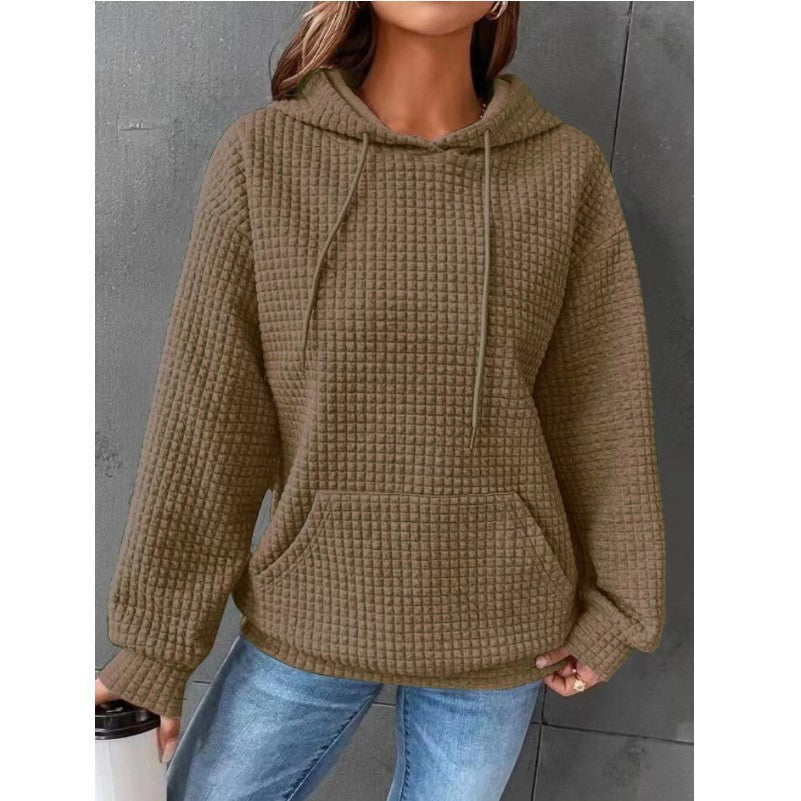 Women's Cozy Waffle Knit Solid Color Long Sleeve Hoodie