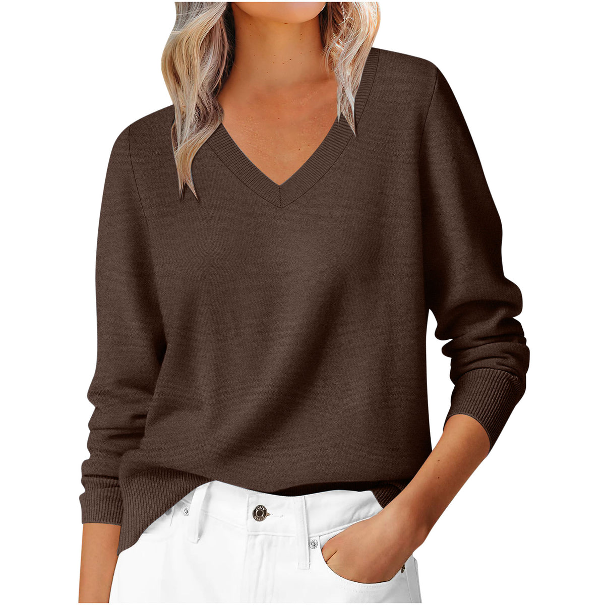 Autumn and Winter New Versatile Loose Casual Solid Color Temperament Commuting V-neck Pullover Women's Top