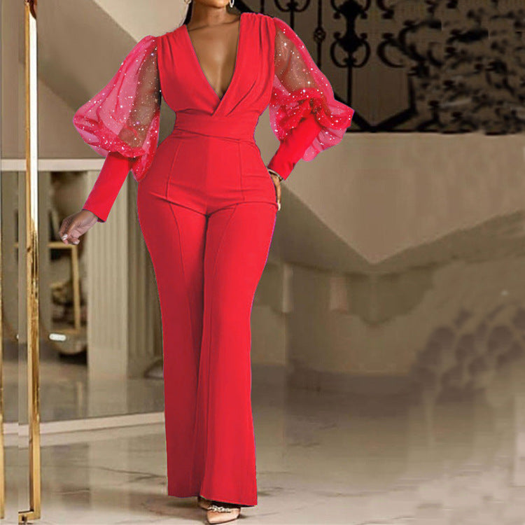 Mesh Long Sleeve Slim Wide Leg Jumpsuit