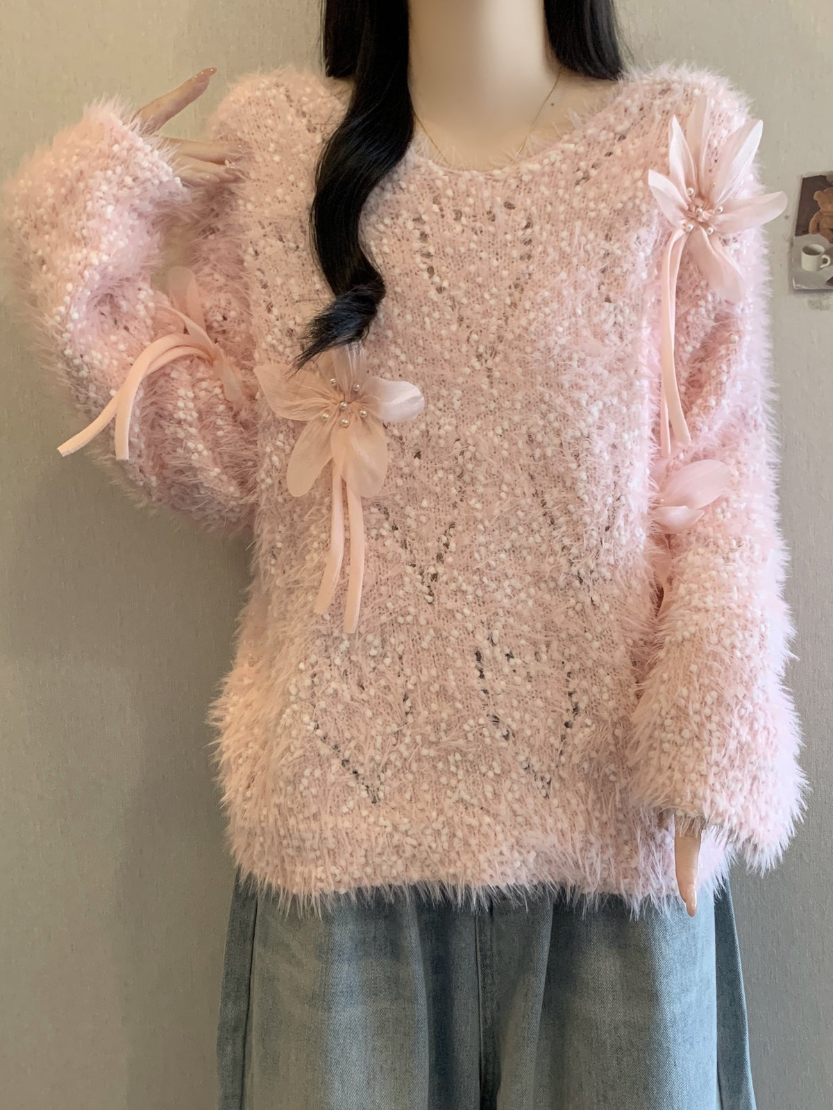 Autumn and Winter Plush Knitted Sweater for Women Sweet 3d Flower Decoration Loose Fit