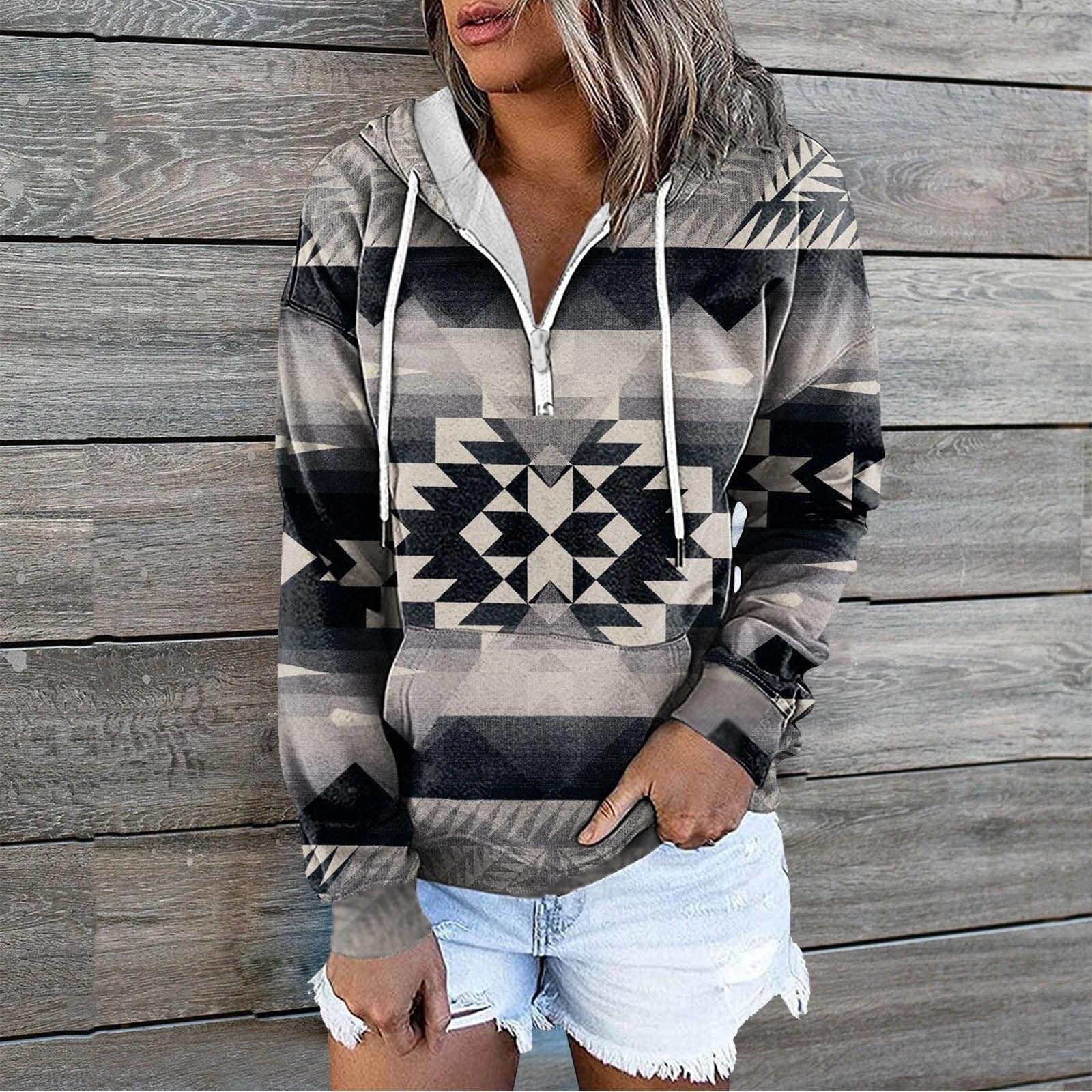European And American Women's Zip Pocket Print Casual Hoodie