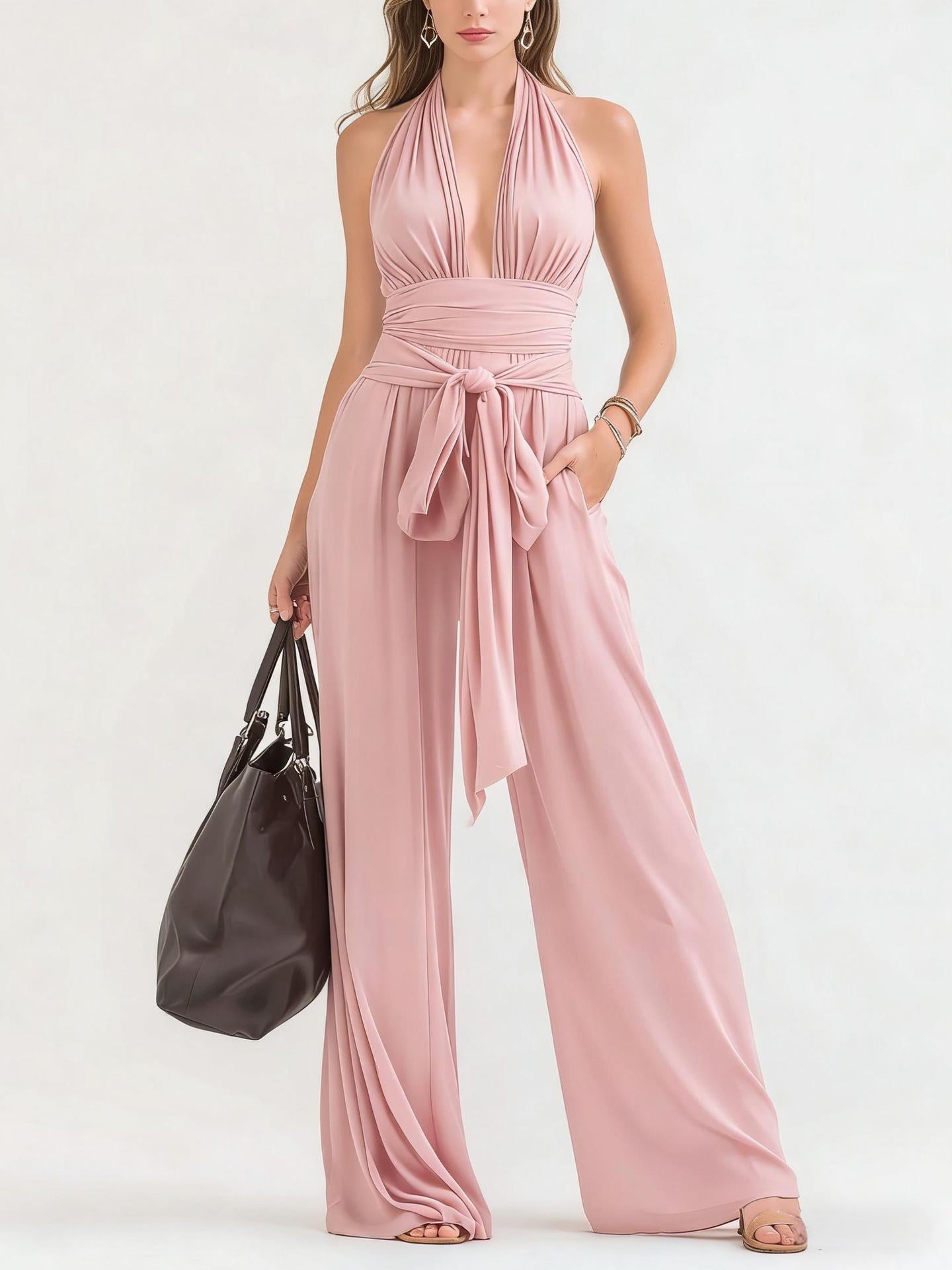 Halter-Neck V-Neck Solid Jumpsuit