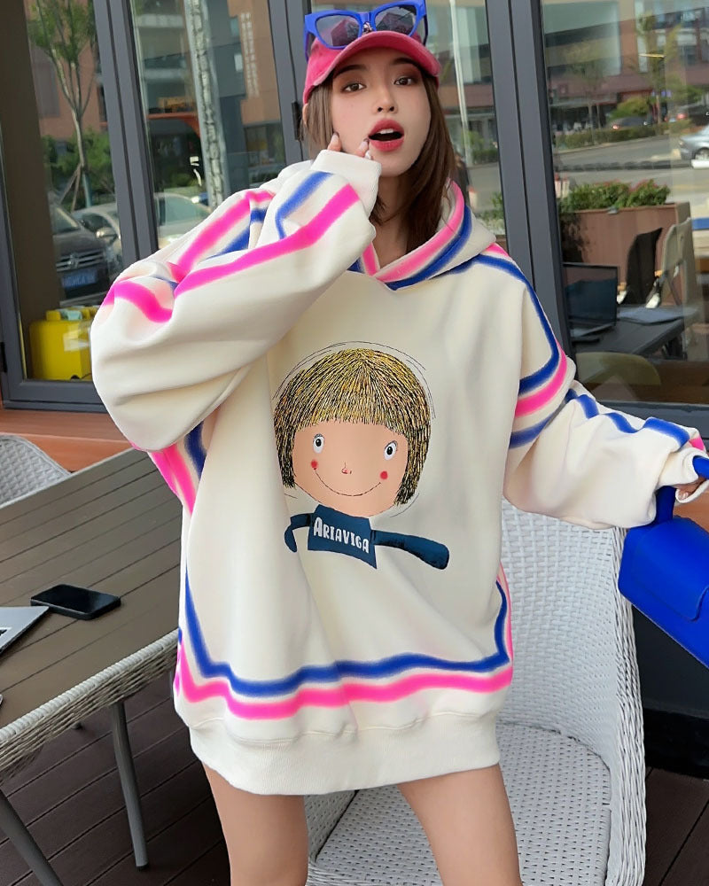 Cozy Cartoon Tie-Dye Velvet Padded Hooded Sweatshirt