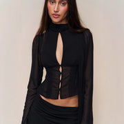 Blouse With Hollow-out Buttons And A Ribbon Tie At The Waist